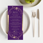 Menú Boda de Mystical Purple Gold Moon Stars<br><div class="desc">Micstical Purple Gold Sun Moon Stars Astronomía Celestial Galaxy Cosmic Wedding Cards con sol, luna y estrellas con un marco dorado sobre un fondo morado y detalles del menú en el centro en un guión moderno de caligrafía dorada. Personalice editando el texto en los cuadros de texto proporcionados. Diseñado por...</div>