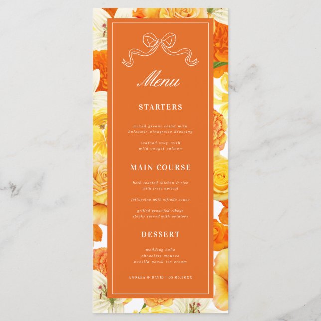 Menú Boda de Naranja Amarillo Cítrico Brillante Ducha N (Anverso)