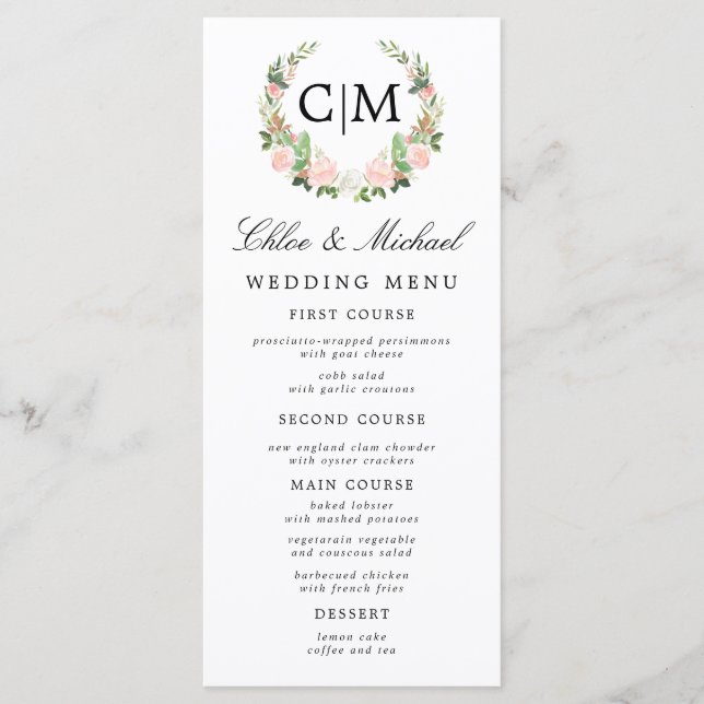 Menú Boda de nombres de monograma floral blanco rosado  (Anverso)