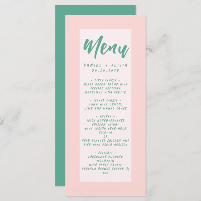 Menú Boda de onda rosa y verde (Anverso / Reverso)