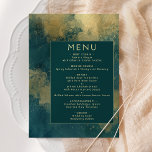 Menú Boda de oro Verde azulado de acuarela abstracta<br><div class="desc">Este elegante menú de bodas presenta un fondo moderno de color azul verde azulado y dorado abstracto. Personalizar el texto de color dorado en fuentes elegantes en un rectángulo verde azulado oscuro. La parte posterior del menú repite el diseño abstracto.</div>