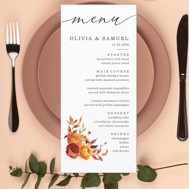 Menú Boda de otoño con guion floral de Naranja marrón r (Subido por el creador)