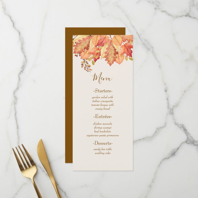 Menú Boda de Otoño con Hojas de Acuarela Elegantes  (Anverso/Reverso In Situ)