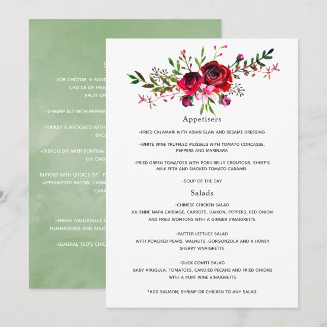 Menú Boda de otoño en burgundy y rubor (Anverso / Reverso)