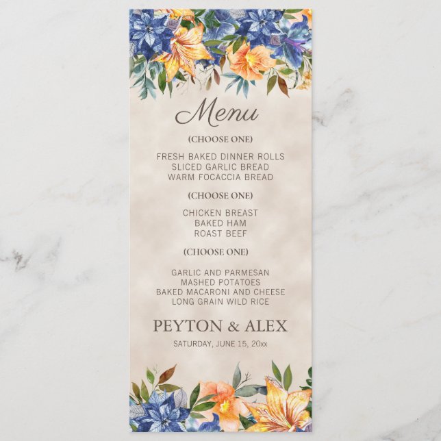 Menú Boda de otoño floral naranja azul (Anverso)