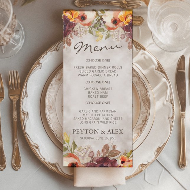 Menú Boda de otoño floral naranja borgoña  (Fall floral wedding menu)