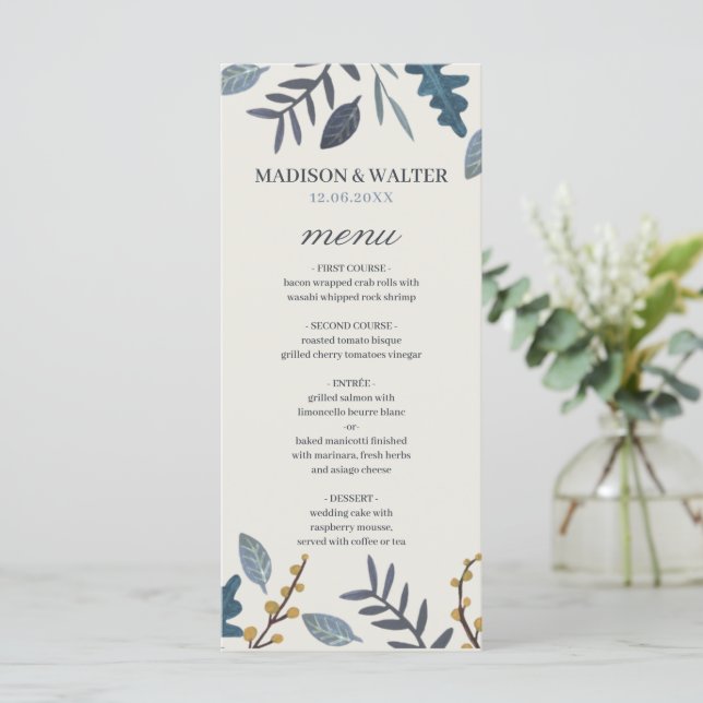 Menú Boda de otoño rústico con hojas que caen (Anverso de pie)