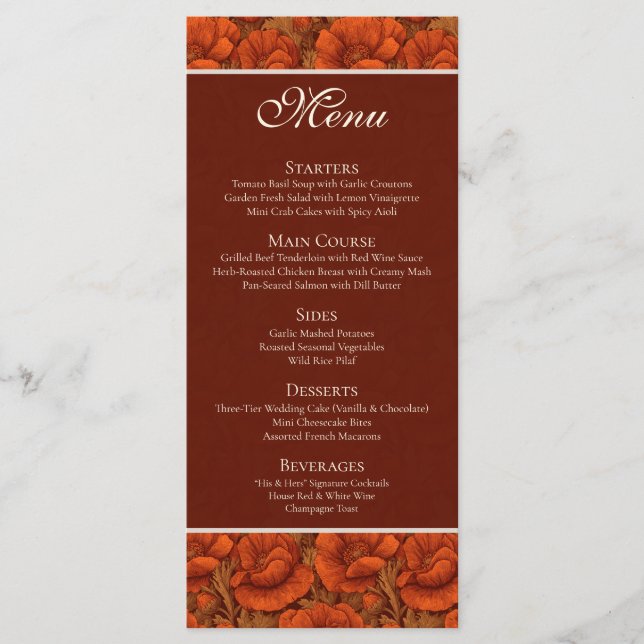 Menú Boda de Otoño Temática Boho Anémonas (Anverso)