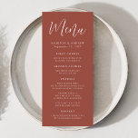 Menú Boda de óxido de script simple<br><div class="desc">Menú simple boda con "Menú" mostrado en un guión blanco con fondo rojizo. Personalice el menú boda de óxido agregando nombres,  fecha de boda e información de menú. Diseñado para coordinar con nuestra colección de bodas de script simple.</div>