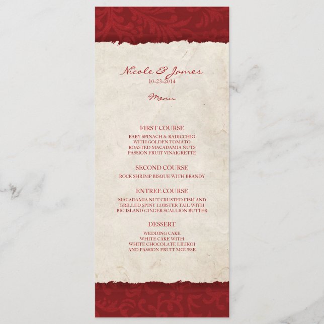 Menú Boda de País Vintage Rojo (Anverso)