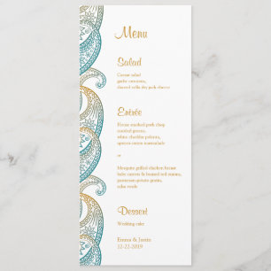 Menú Boda de paisley indio verde azulado y dorado