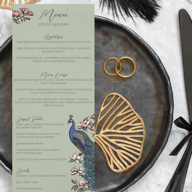 Menú Boda de pájaro de pavo real verde sabio (Rustic Sage Green Peacock Chinoiserie Wedding Menu for Wedding, Bridal Shower, Rehearsal Dinner.)