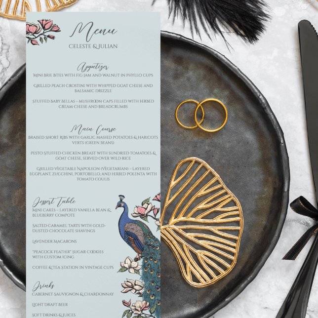 Menú Boda de pájaros de pavo real con flor azul ru (Rustic Elegant Blue Peacock Chinoiserie Wedding Menu for Wedding, Bridal Shower, Rehearsal Dinner.)