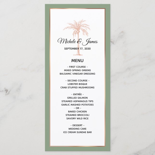 Menú Boda de Palma de Oro Rosa Elegante de Sauce (Anverso)