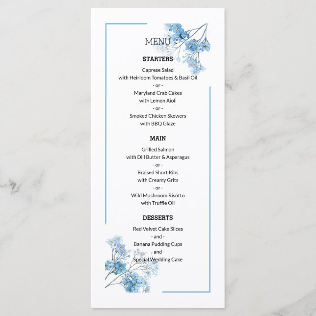 Menú Boda de patrón floral botánico azul claro (Anverso)