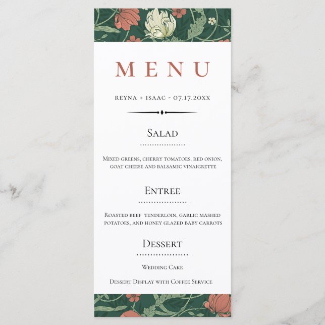 Menú Boda de patrón floral inglés vintage (Anverso)