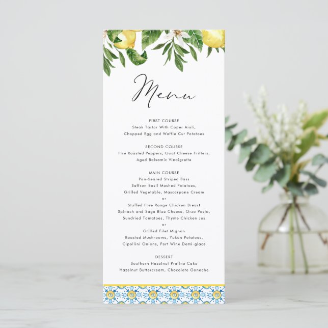 Menú Boda de patrón mediterráneo limón acuarela (Anverso de pie)