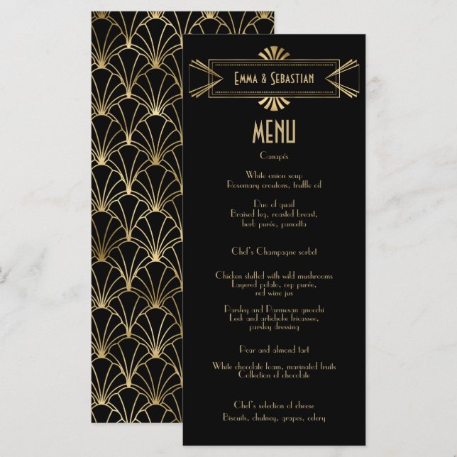Menú Boda de patrones de deco negro y goldart (Anverso / Reverso)
