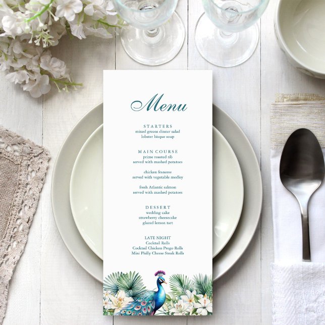 Menú Boda de pavo real de las flores tropicales verde a (Teal Tropical Flowers Peacock Wedding Menu on a wedding table.)