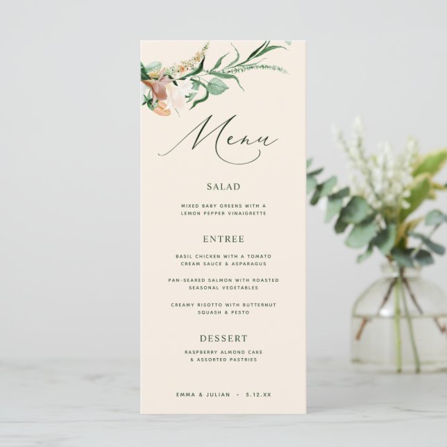 Menú Boda de Peach Neutral Boho Greenery Botánico (Anverso de pie)