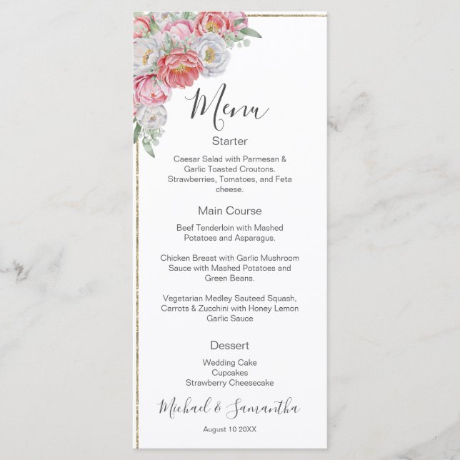 Menú Boda de Peonía Rosa y Blanca (Anverso)