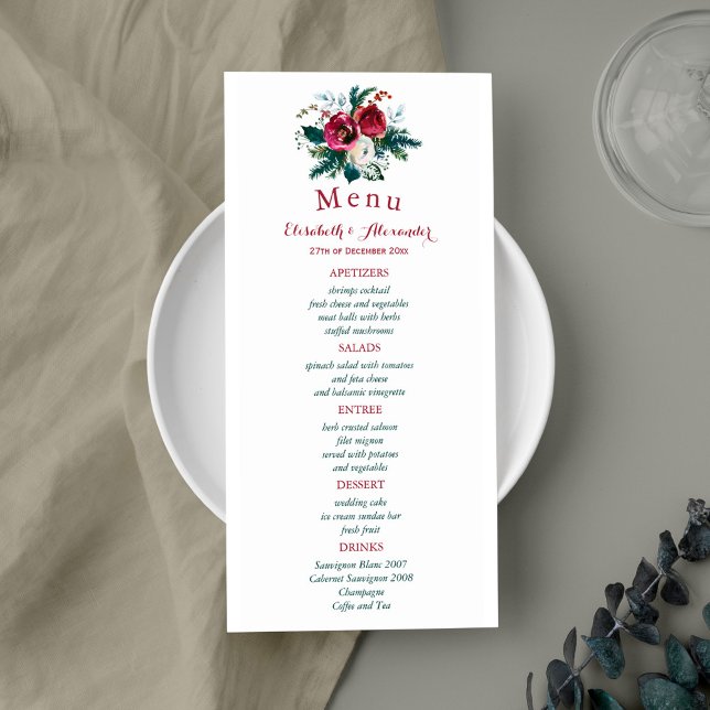 Menú boda de peonías de acuarela de invierno flora (Subido por el creador)