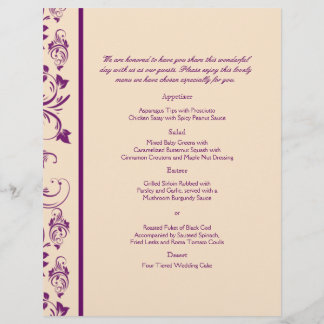 Menú Boda de pergamino floral de ciruela y champán