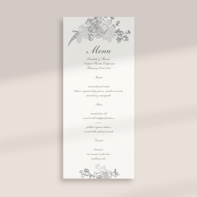Menú Boda de Perla Formal Faux Grabado en relieve Peony (formal traditional elegant calligraphy wedding menu card faux embossed peony pearl classic)
