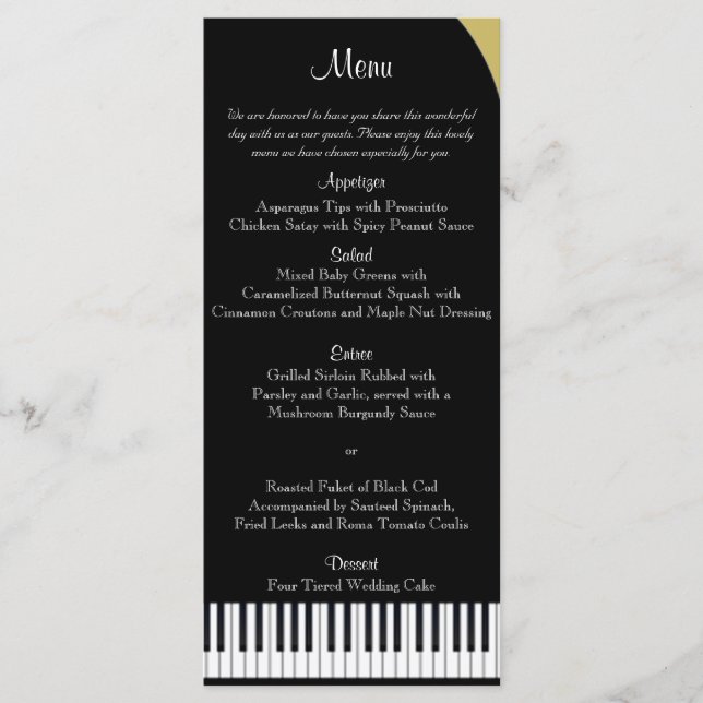 Menú Boda de piano negro y dorado (Anverso)
