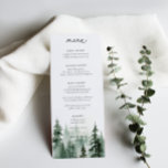 Menú Boda de Pines Forestales Silvestres<br><div class="desc">Elegante escenario de pinos acuáticos y menú boda. Características,  moderna tipografía negra con respaldo de color verde oscuro.</div>