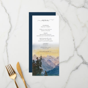Menú Boda de pino de las montañas azul acuarela