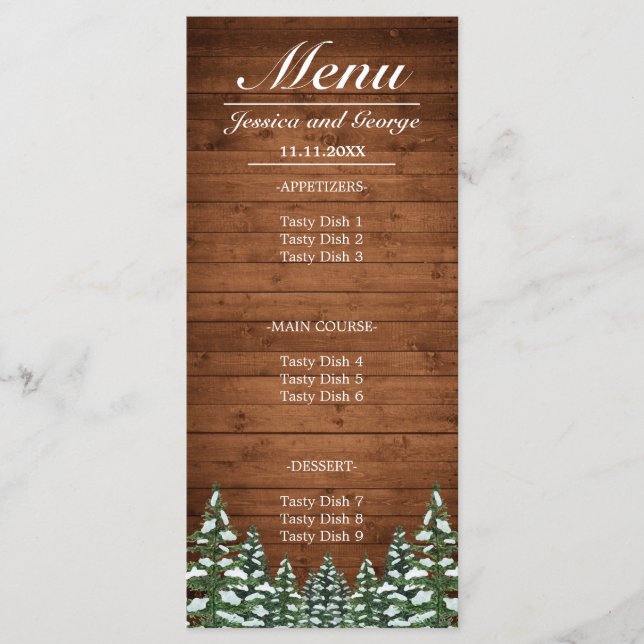 Menú Boda de pinos de campo de madera y bosques de niev (Anverso)