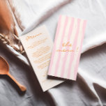 Menú Boda De Pinstripes Coloridas Pintadas A Mano<br><div class="desc">Un colorido menú retro funky, moderno, escrito en rosa y naranja y crema. Y las pinstripes verdes dibujadas a mano en la parte de atrás. Perfecto y acorde con la suite. Menú boda para la cena. Que presenta el diseño de plantillas de moda de fondo boho crema vintage y tipografía...</div>
