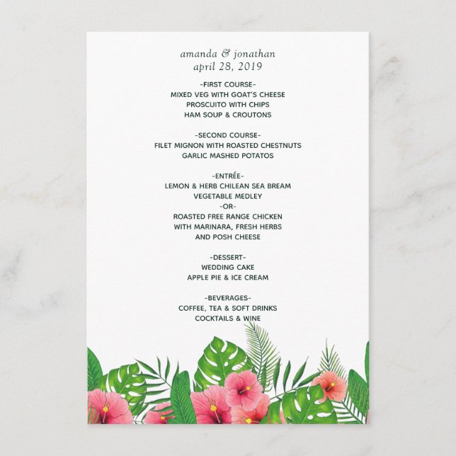 Menú Boda de playa con hojas tropicales acuarela (Anverso)
