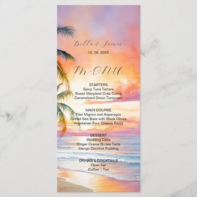 Menú Boda de playa de destino Sunset (Anverso)