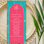 Menú Boda de playa rosa y azul con árbol de palmeras<br><div class="desc">Patrón de dibujo de hojas de palma blancas sobre fondo azul. Texto blanco y dibujo de la palmera sobre fondo de arco rosa</div>
