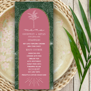 Menú Boda de playa verde y rosa con palmeras