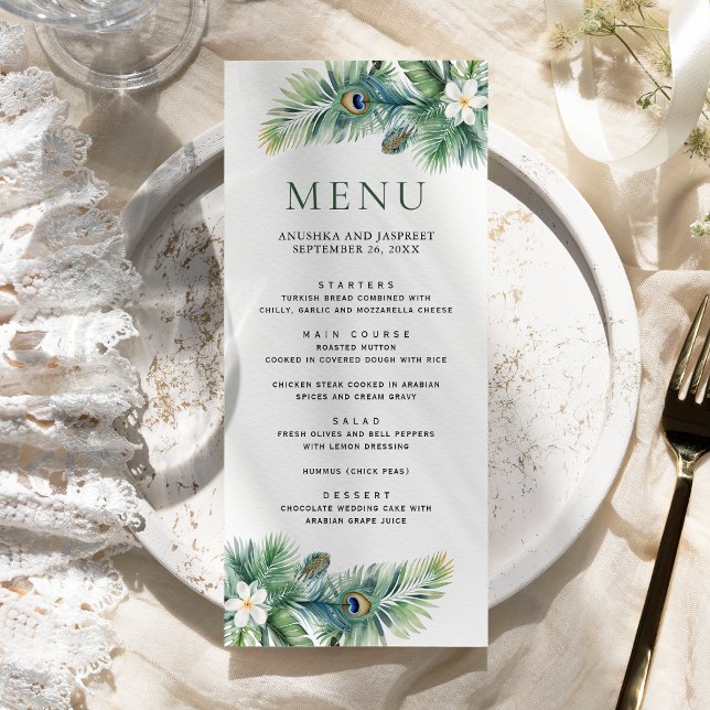 Menú Boda de plumas de pavo real tropical verde indio (Subido por el creador)