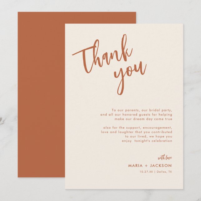 Menú Boda de postres Boho Gracias Cartas de Nota (Anverso / Reverso)