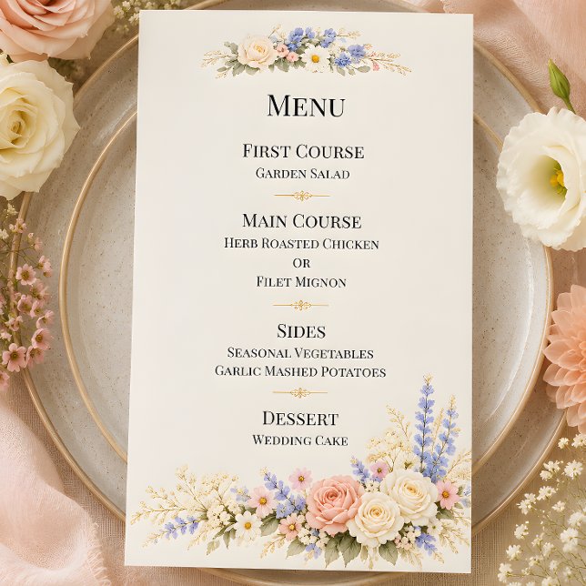 Menú Boda de pradera de flores silvestres de lujo (Part of the luxury wildflower meadow wedding theme collection, menu card)