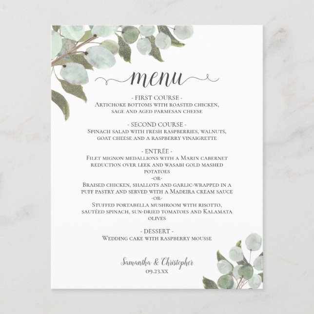 Menú Boda de presupuesto de eucalipto y vegetación (Anverso)