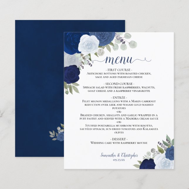 Menú Boda de presupuesto de Rosas azul y marrón (Anverso / Reverso)