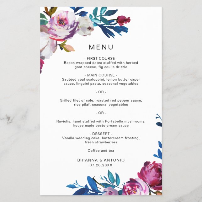 Menú Boda de presupuesto moderno con flores brilla (Frente)