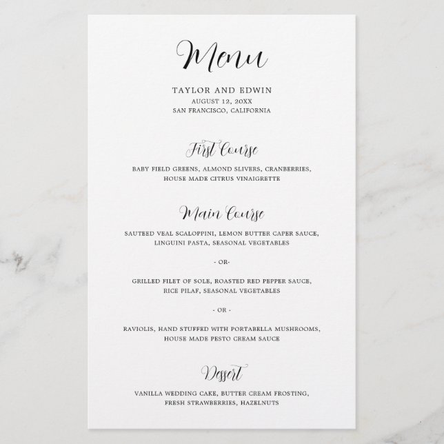 Menú Boda de presupuesto moderno en blanco y negro (Frente)