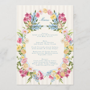 Menú Boda de primavera con monograma floral azul francé