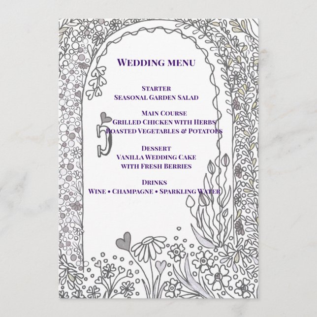 Menú Boda de puerta de jardín caprichosa y elegante (Anverso)