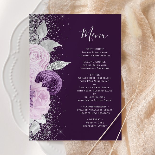 Menú Boda de Purpura Profundo Floral con Brillo de Plat (Subido por el creador)
