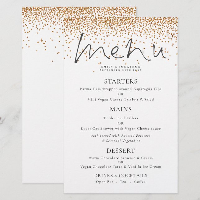Menú Boda de Purpurina de oro con guión elegante d (Anverso / Reverso)