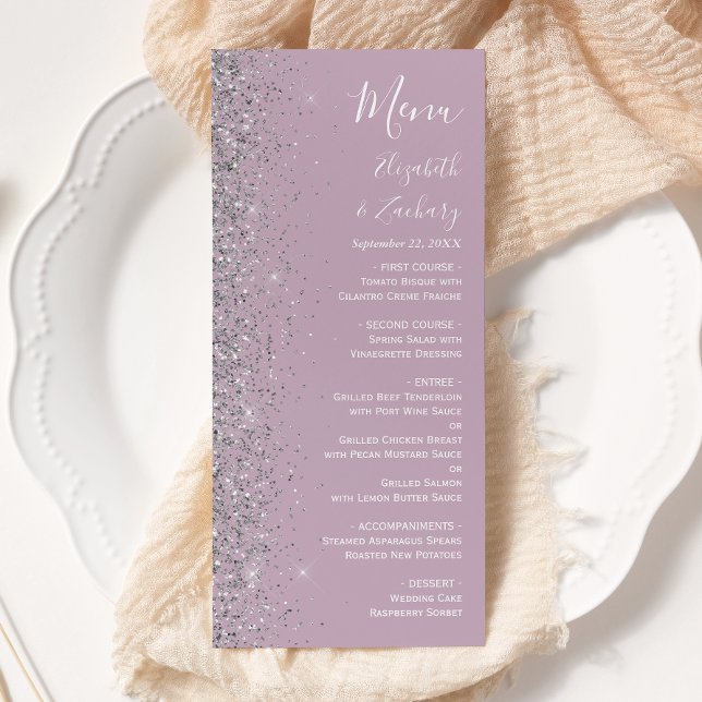 Menú Boda de Purpurina Polvorienta Moderna Plateada (Subido por el creador)