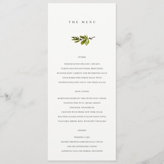 Menú Boda de ramas de pino blanco y negro mínimo suave (Anverso)